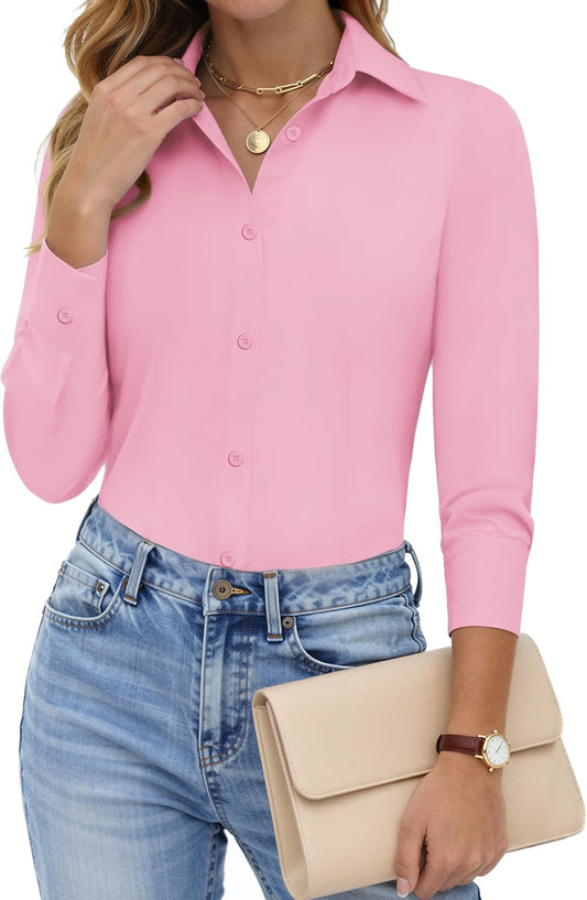 HOTOUCH Women Button Down Shirts Long Sleeve Stain Shield Dress Shirts Slim fit Work Blouses Office Business Tops