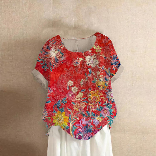 HOTYD Womens Short Sleeve Boho Tops Plus Size Casual Crew Neck Vintage Floral Print Graphic Tees Ladies Summer Tops