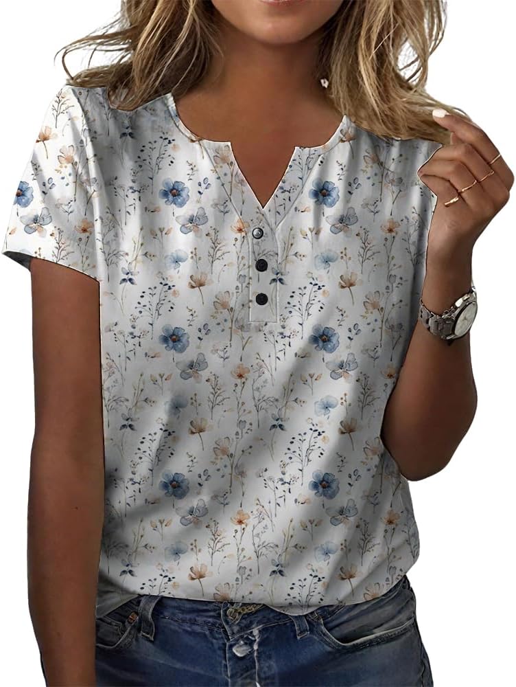 2025 Boho Top Floral Tops for Women Loose V Neck Button Short Sleeve Shirts for Women Dressy Casual Womens Summer Shirts Ditsy White M