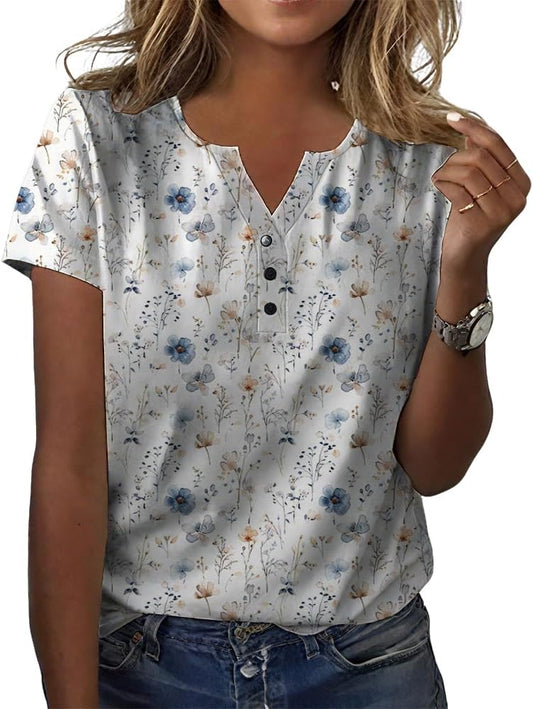 2025 Boho Top Floral Tops for Women Loose V Neck Button Short Sleeve Shirts for Women Dressy Casual Womens Summer Shirts Ditsy White M