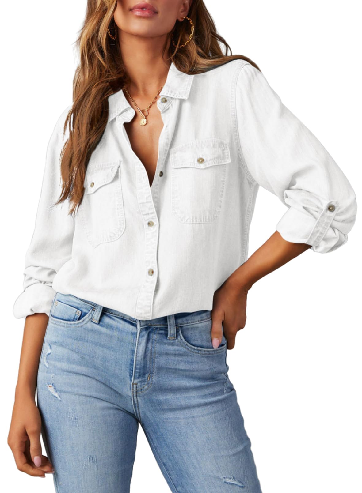 Astylish Women Button Down Denim Shirts Casual Long Sleeve V Neck Chambray Blouse Top