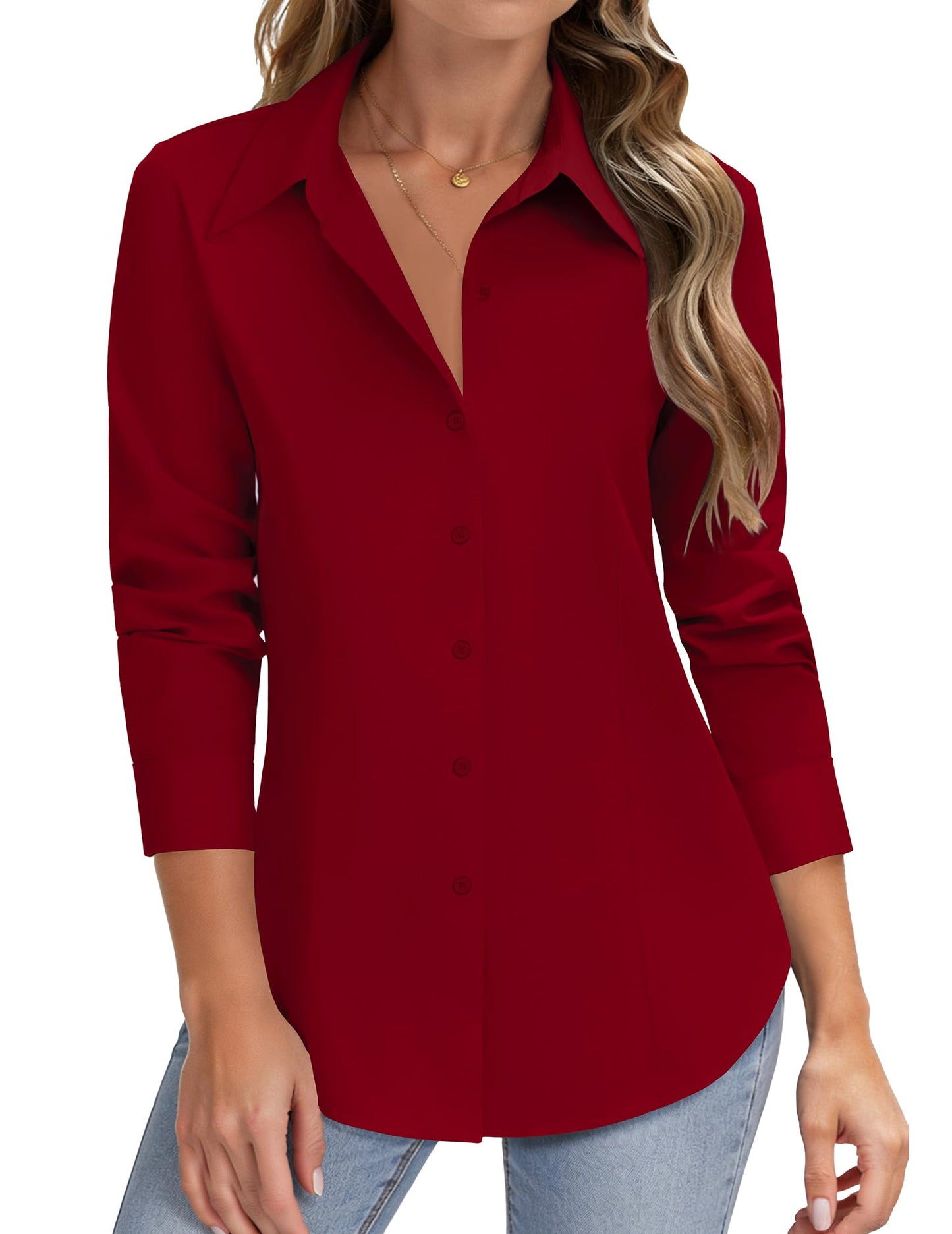 HOTOUCH Women Button Down Shirts Long Sleeve Stain Shield Dress Shirts Slim fit Work Blouses Office Business Tops