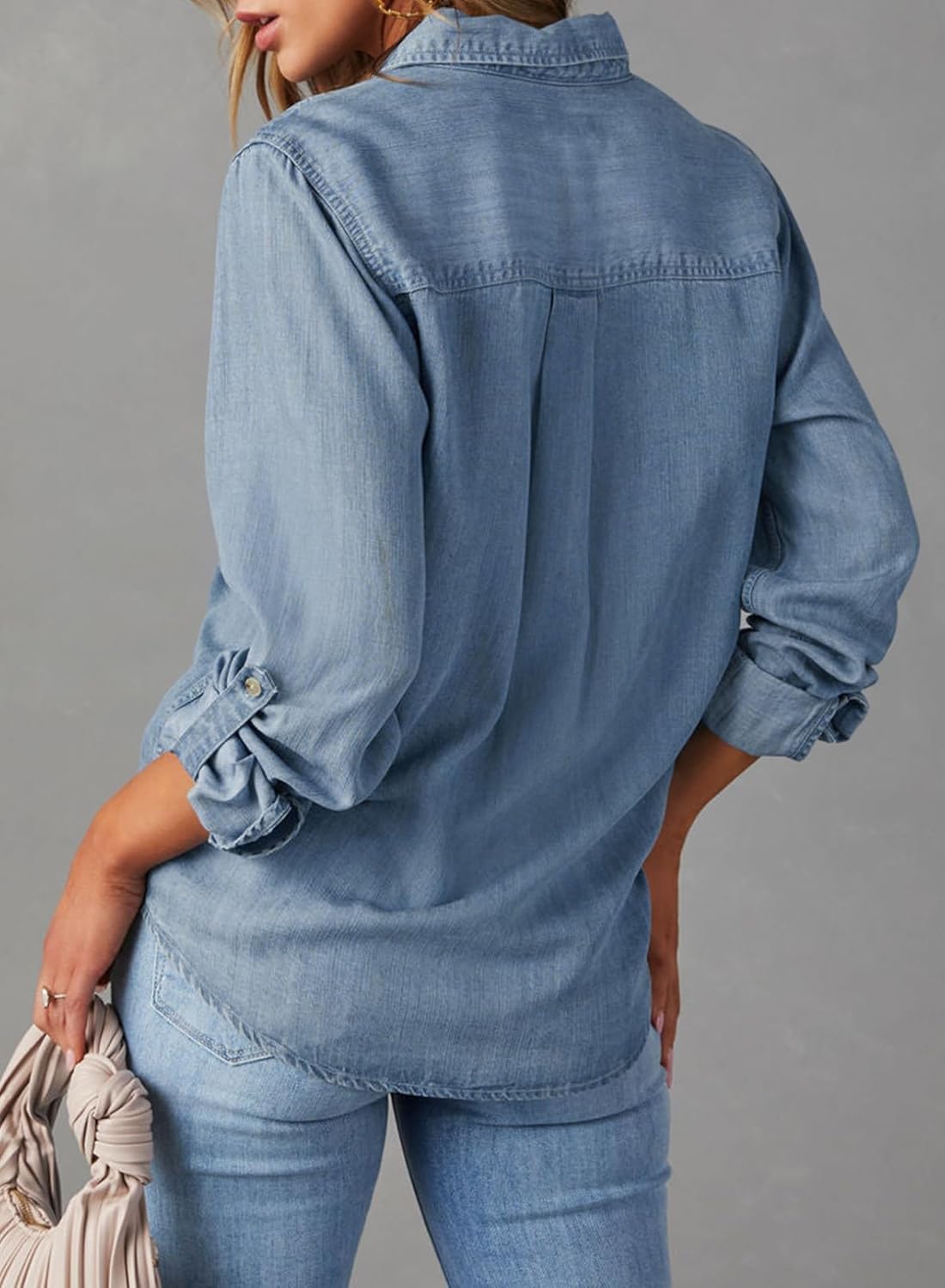 Astylish Women Button Down Denim Shirts Casual Long Sleeve V Neck Chambray Blouse Top