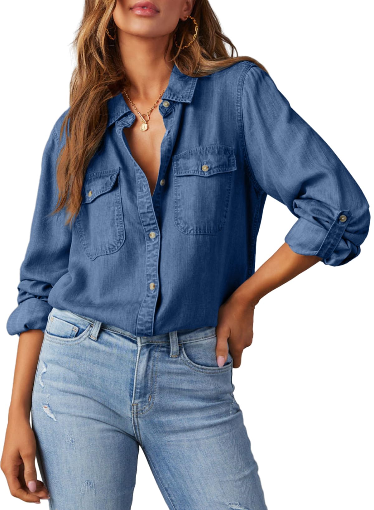 Astylish Women Button Down Denim Shirts Casual Long Sleeve V Neck Chambray Blouse Top