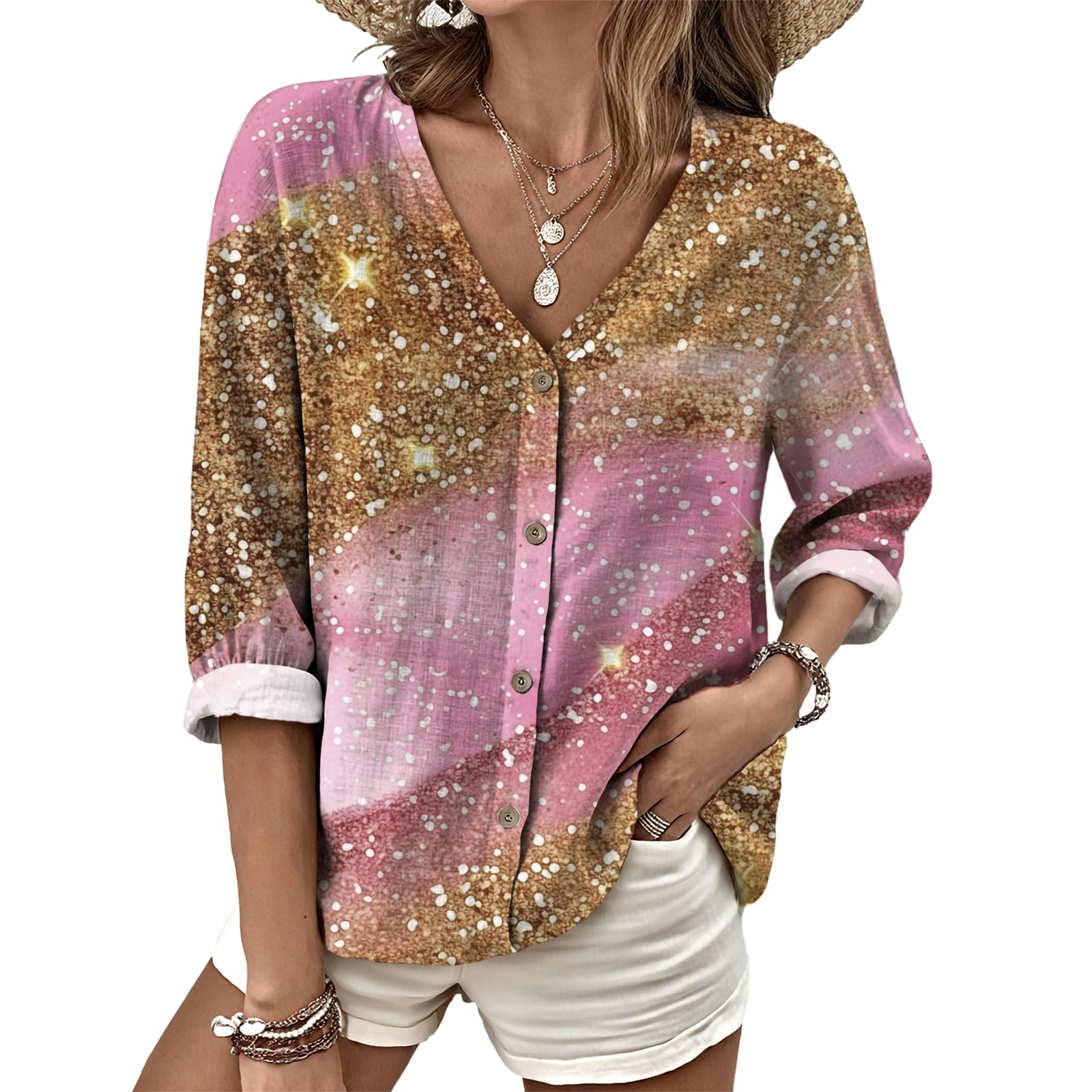 Dress Shirts for Women Business Casual Boho V Neck Beach Vacation Flowy Lounge Outfits Trendy Print Basic Tops