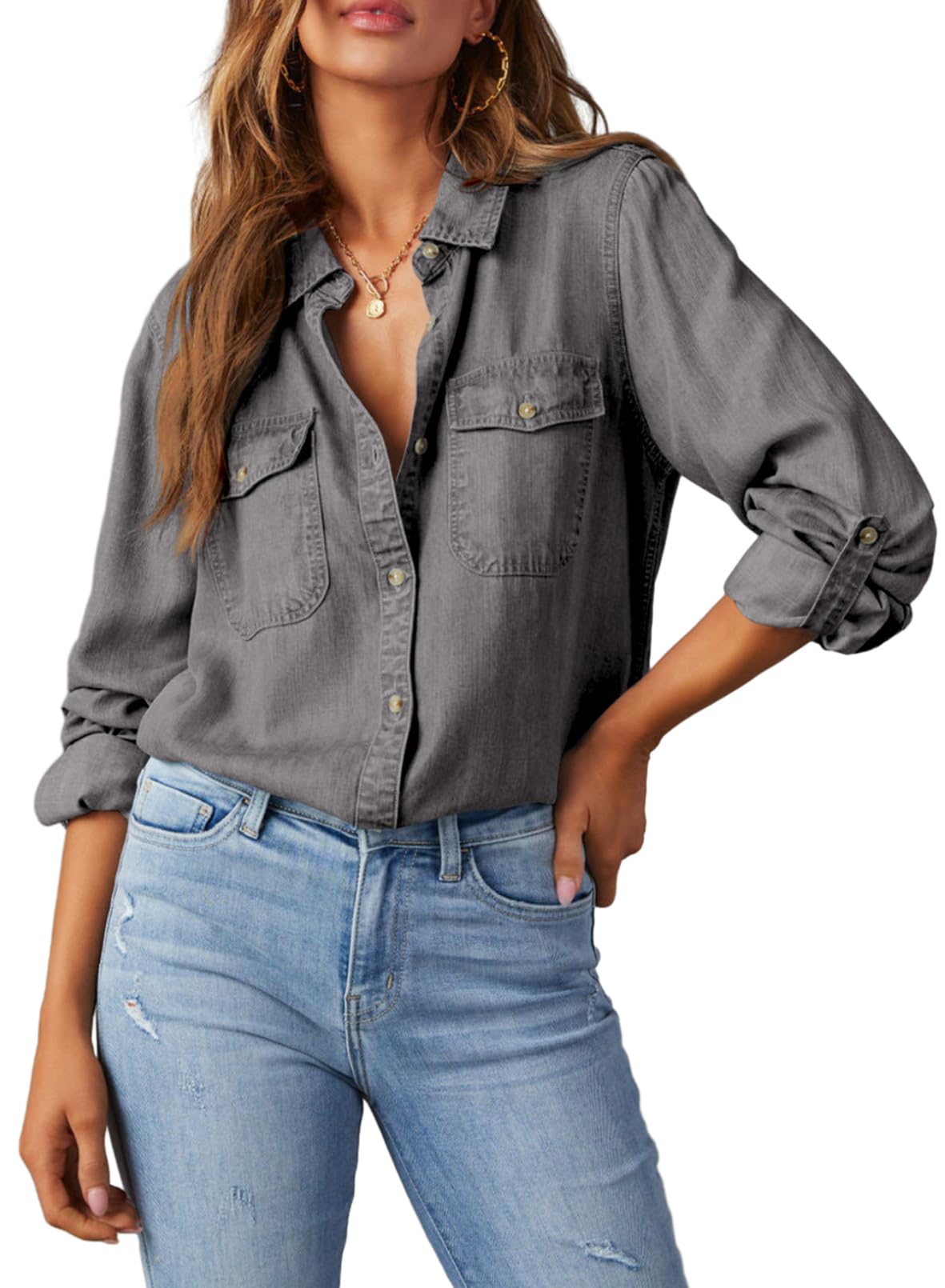 Astylish Women Button Down Denim Shirts Casual Long Sleeve V Neck Chambray Blouse Top