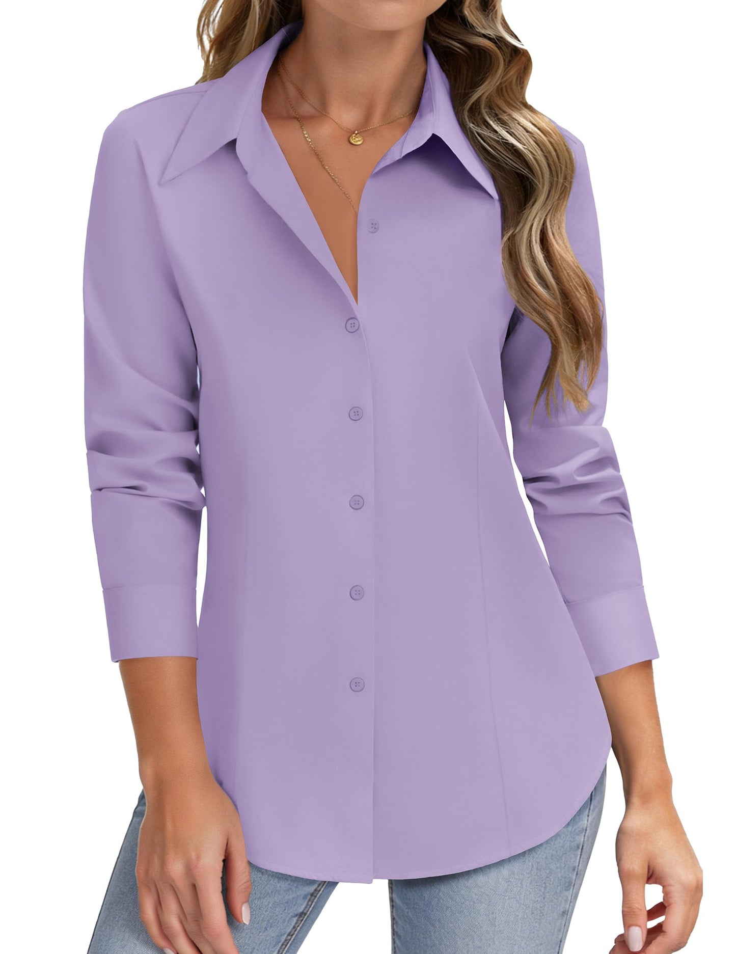 HOTOUCH Women Button Down Shirts Long Sleeve Stain Shield Dress Shirts Slim fit Work Blouses Office Business Tops