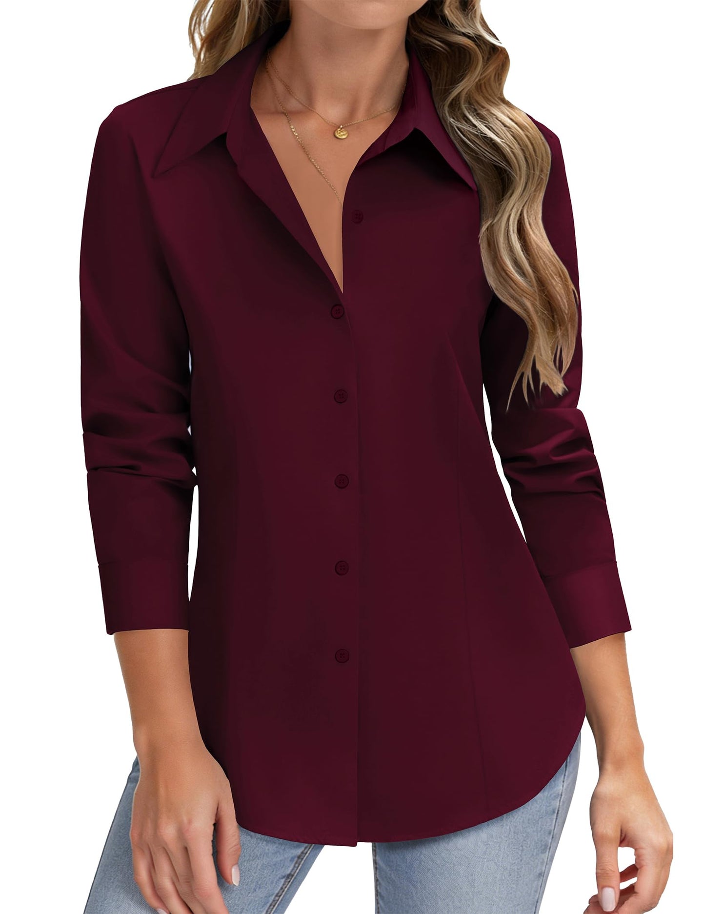 HOTOUCH Women Button Down Shirts Long Sleeve Stain Shield Dress Shirts Slim fit Work Blouses Office Business Tops