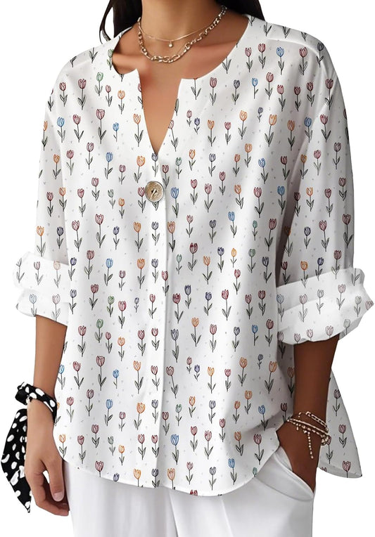 Linen Shirts for Women Oversized Stylish Floral Printed Tunic 3/4 Sleeve V Neck Casual Workout Graphic Vintage Tops