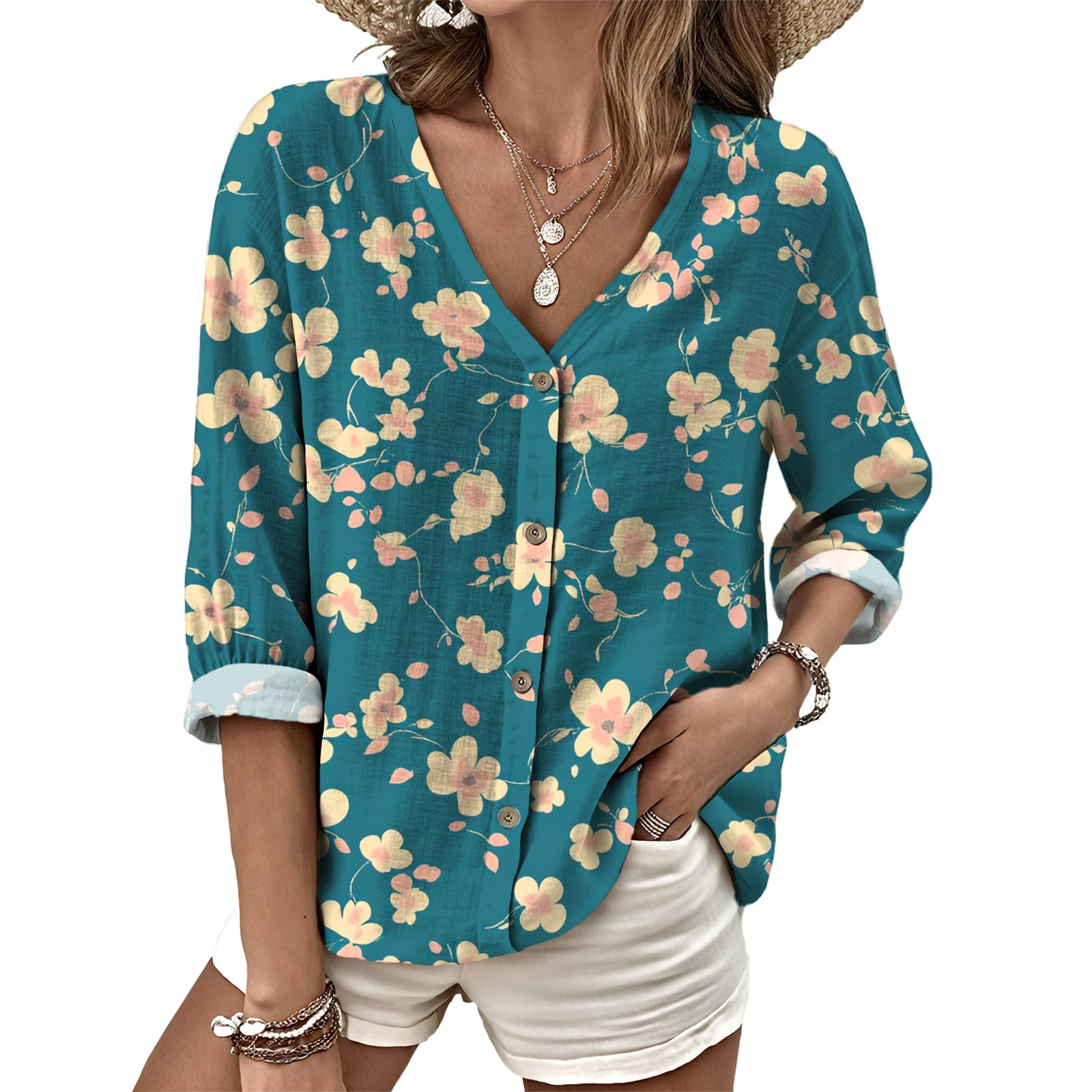 Dress Shirts for Women Business Casual Boho V Neck Beach Vacation Flowy Lounge Outfits Trendy Print Basic Tops