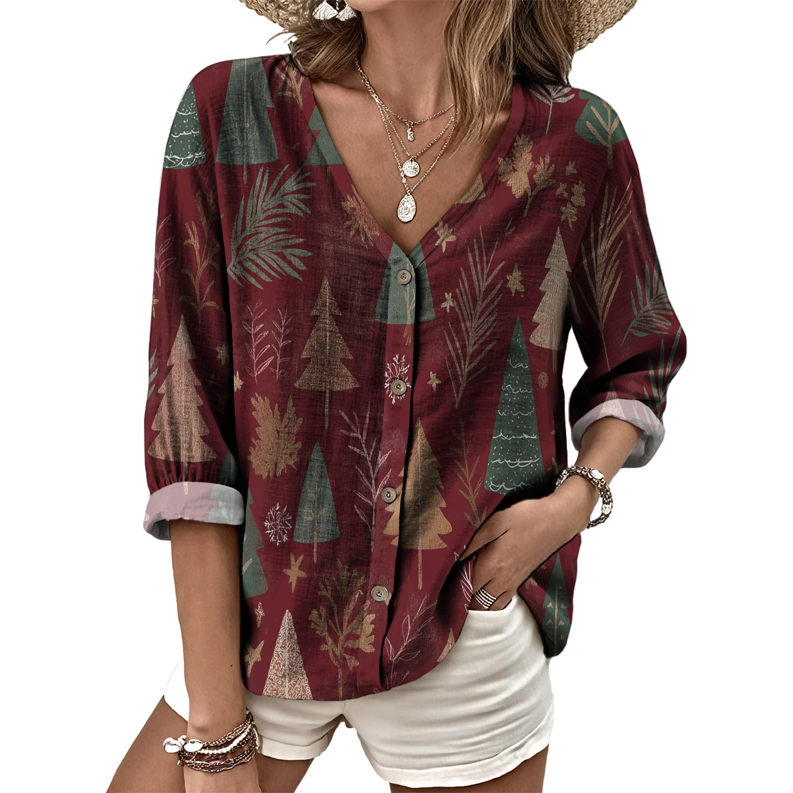 Dress Shirts for Women Business Casual Boho V Neck Beach Vacation Flowy Lounge Outfits Trendy Print Basic Tops