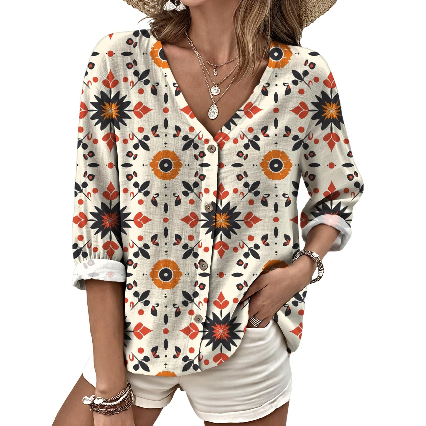 Dress Shirts for Women Business Casual Boho V Neck Beach Vacation Flowy Lounge Outfits Trendy Print Basic Tops