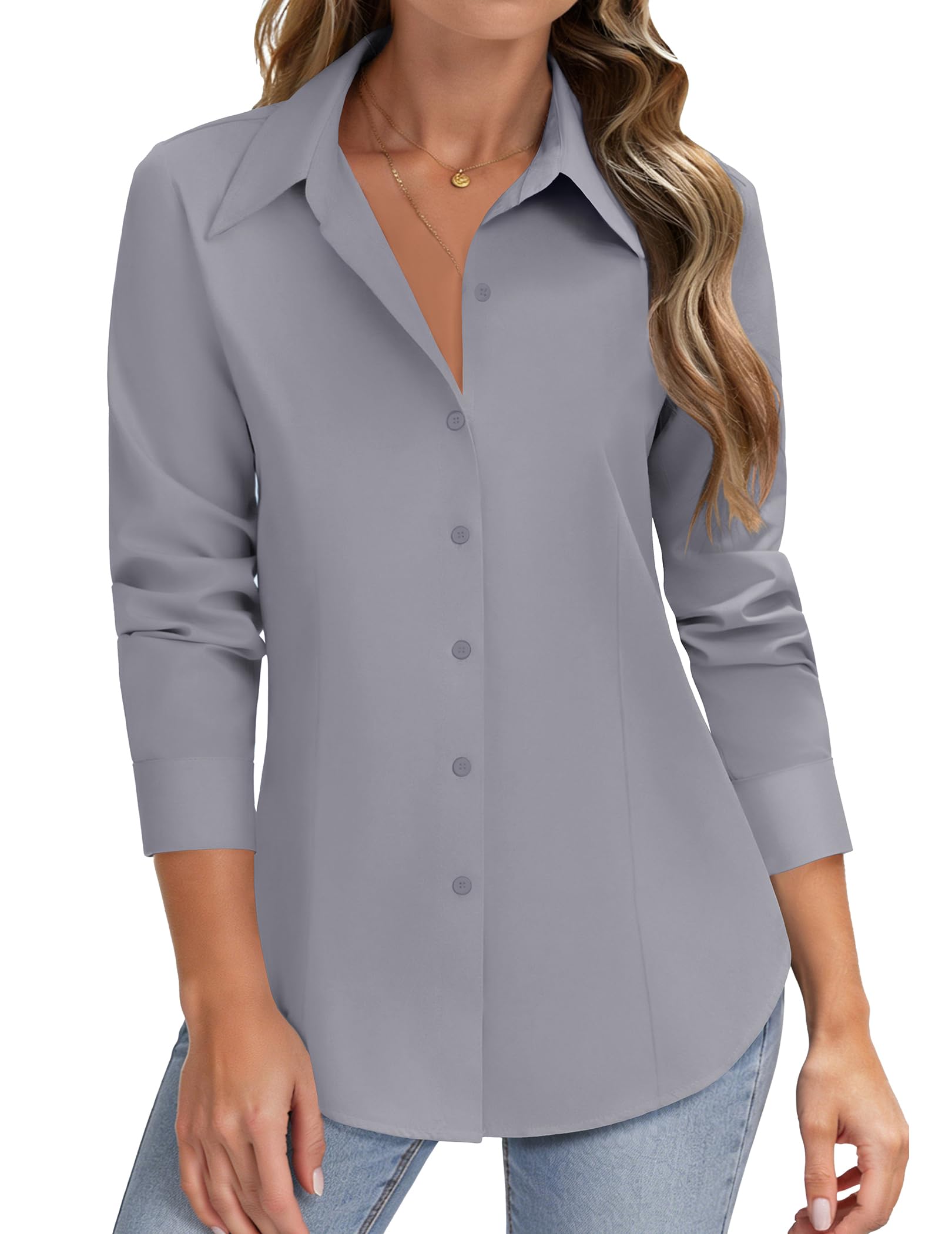 HOTOUCH Women Button Down Shirts Long Sleeve Stain Shield Dress Shirts Slim fit Work Blouses Office Business Tops