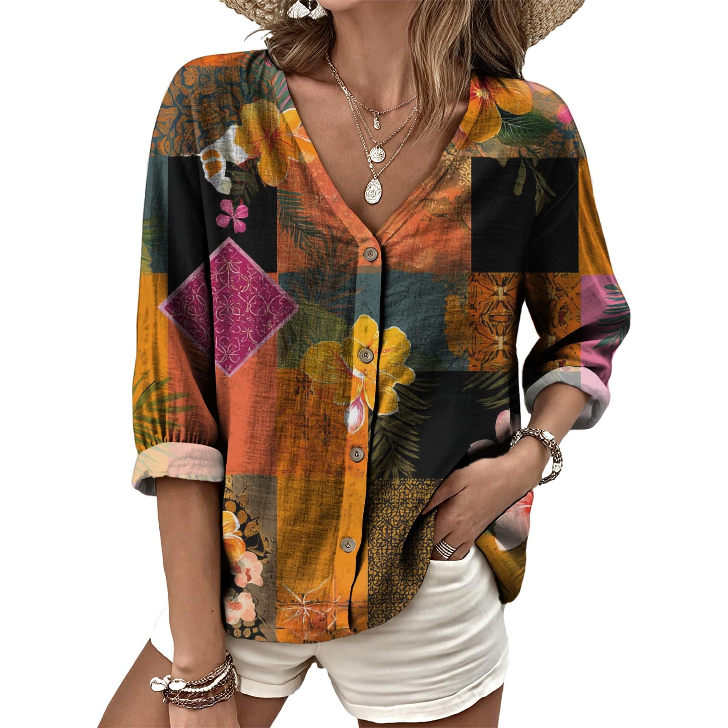 Dress Shirts for Women Business Casual Boho V Neck Beach Vacation Flowy Lounge Outfits Trendy Print Basic Tops