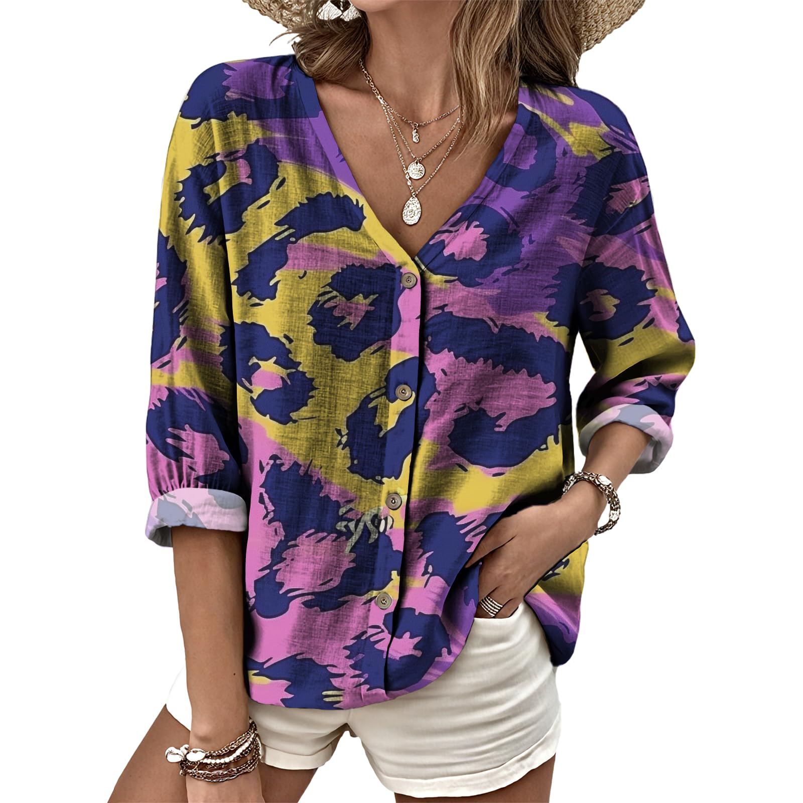 Dress Shirts for Women Business Casual Boho V Neck Beach Vacation Flowy Lounge Outfits Trendy Print Basic Tops