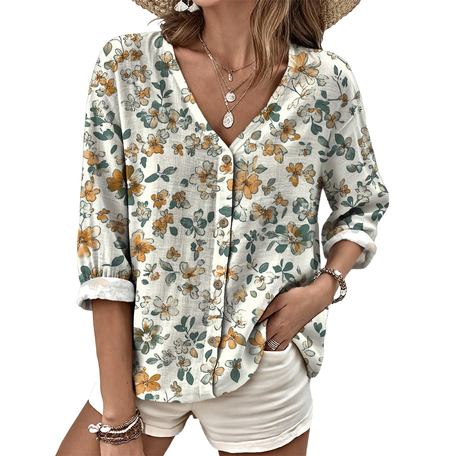 Dress Shirts for Women Business Casual Boho V Neck Beach Vacation Flowy Lounge Outfits Trendy Print Basic Tops