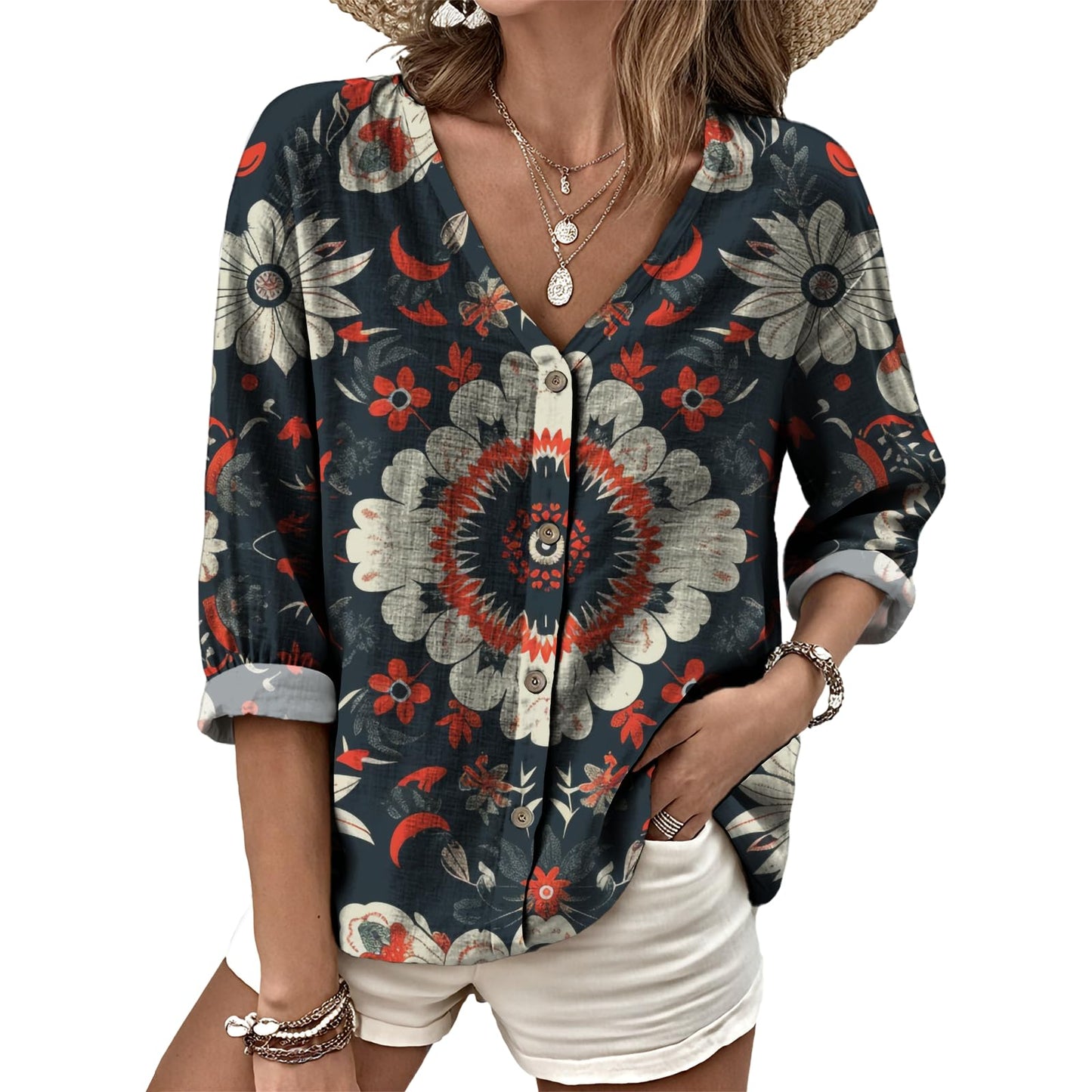 Dress Shirts for Women Business Casual Boho V Neck Beach Vacation Flowy Lounge Outfits Trendy Print Basic Tops