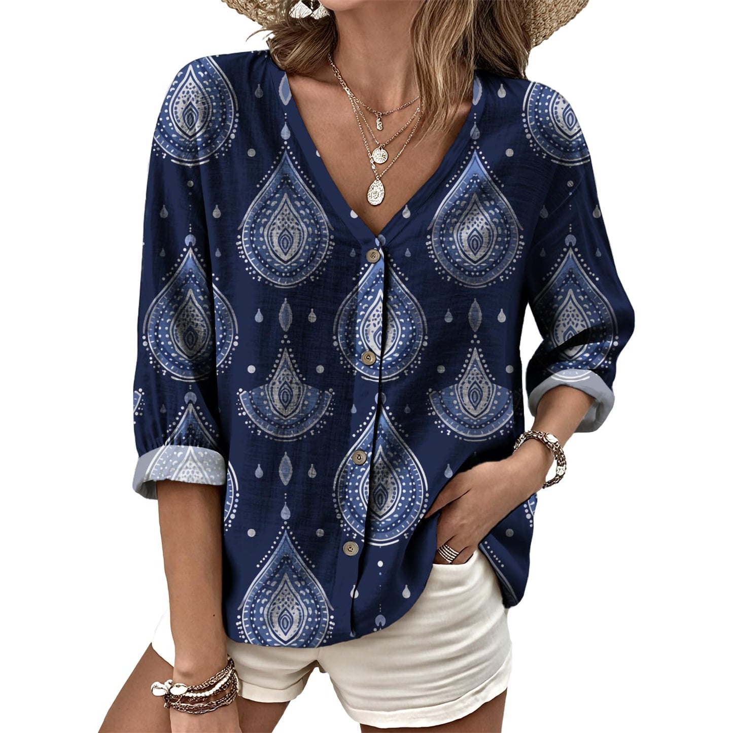 Dress Shirts for Women Business Casual Boho V Neck Beach Vacation Flowy Lounge Outfits Trendy Print Basic Tops