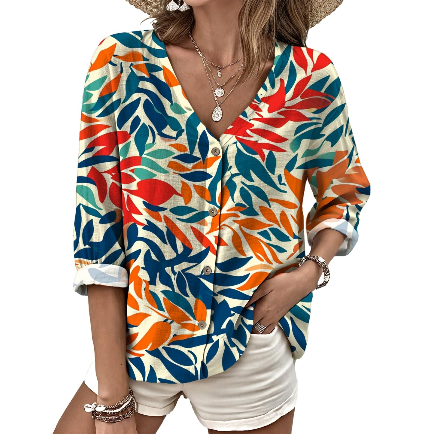 Dress Shirts for Women Business Casual Boho V Neck Beach Vacation Flowy Lounge Outfits Trendy Print Basic Tops