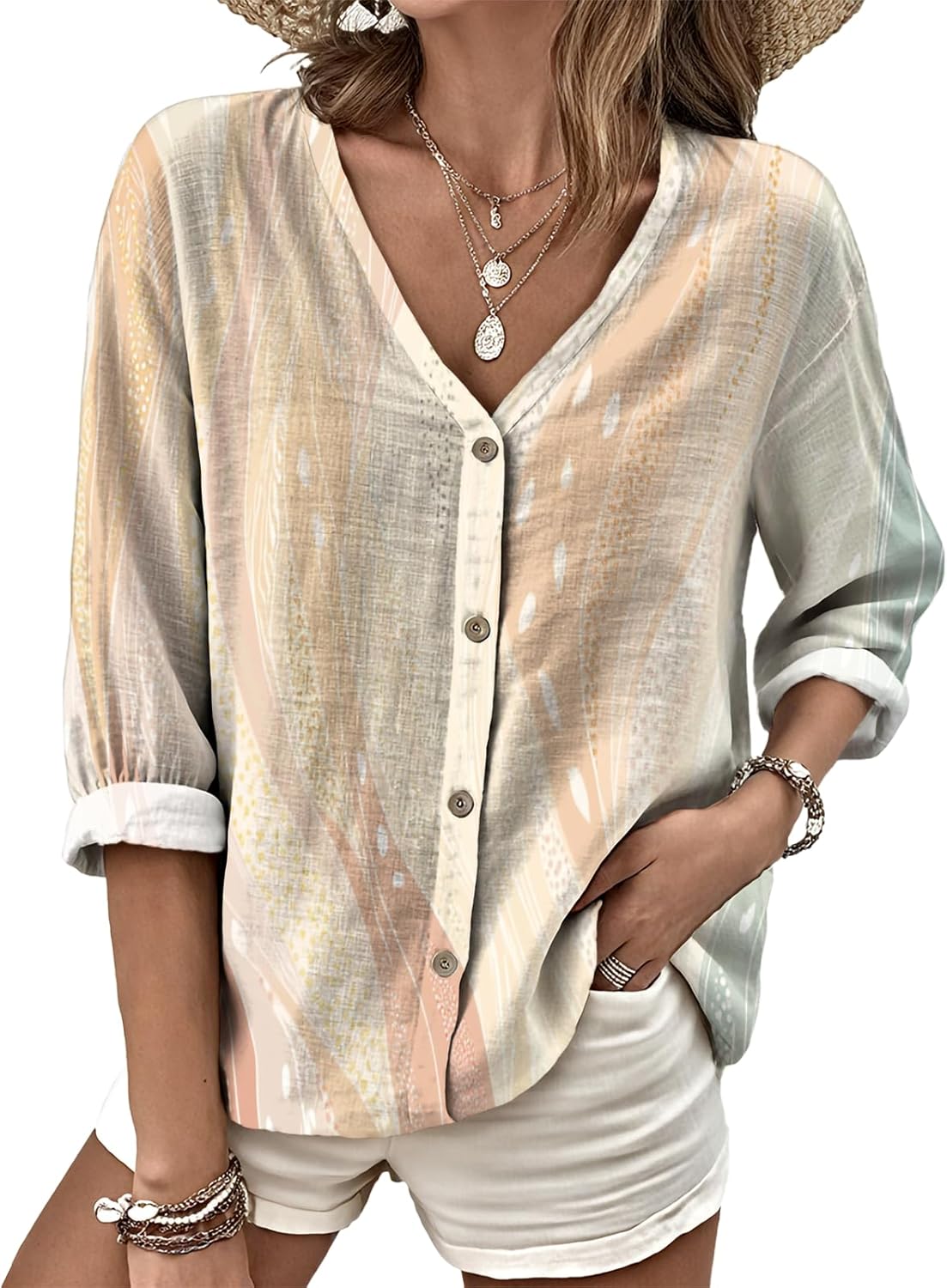 Dress Shirts for Women Business Casual Boho V Neck Beach Vacation Flowy Lounge Outfits Trendy Print Basic Tops