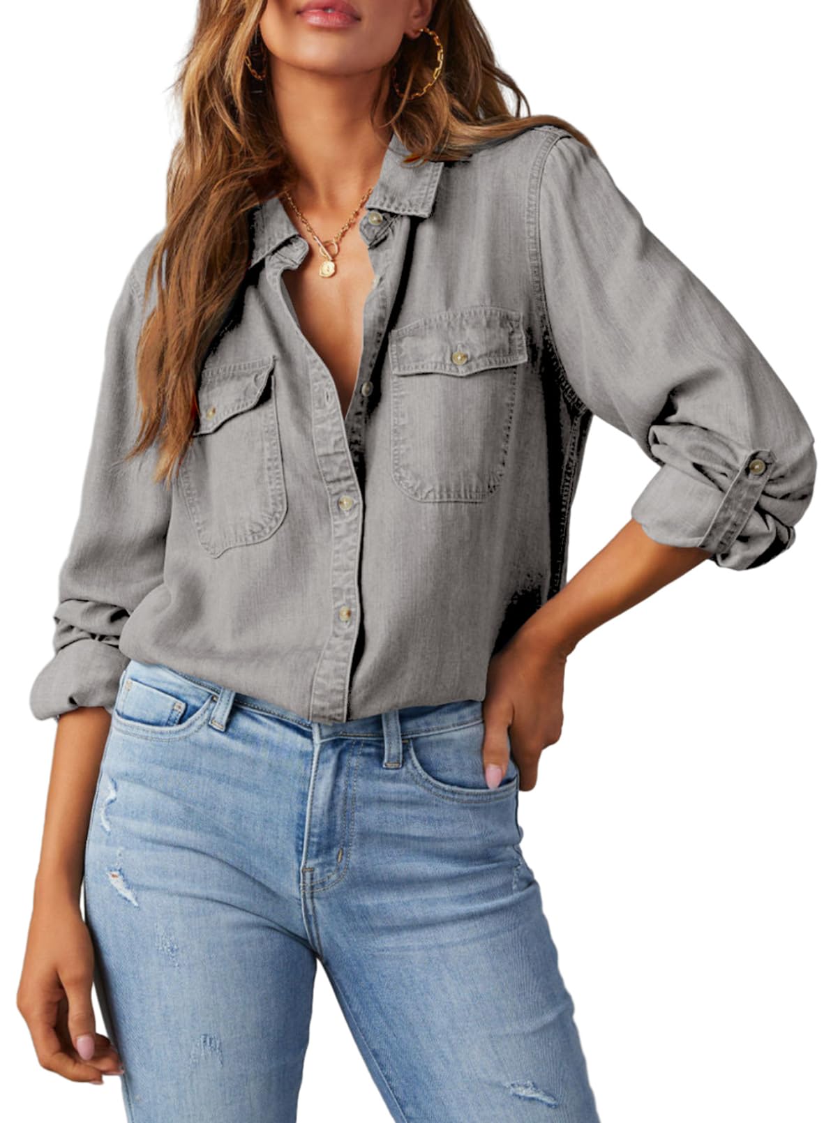 Astylish Women Button Down Denim Shirts Casual Long Sleeve V Neck Chambray Blouse Top