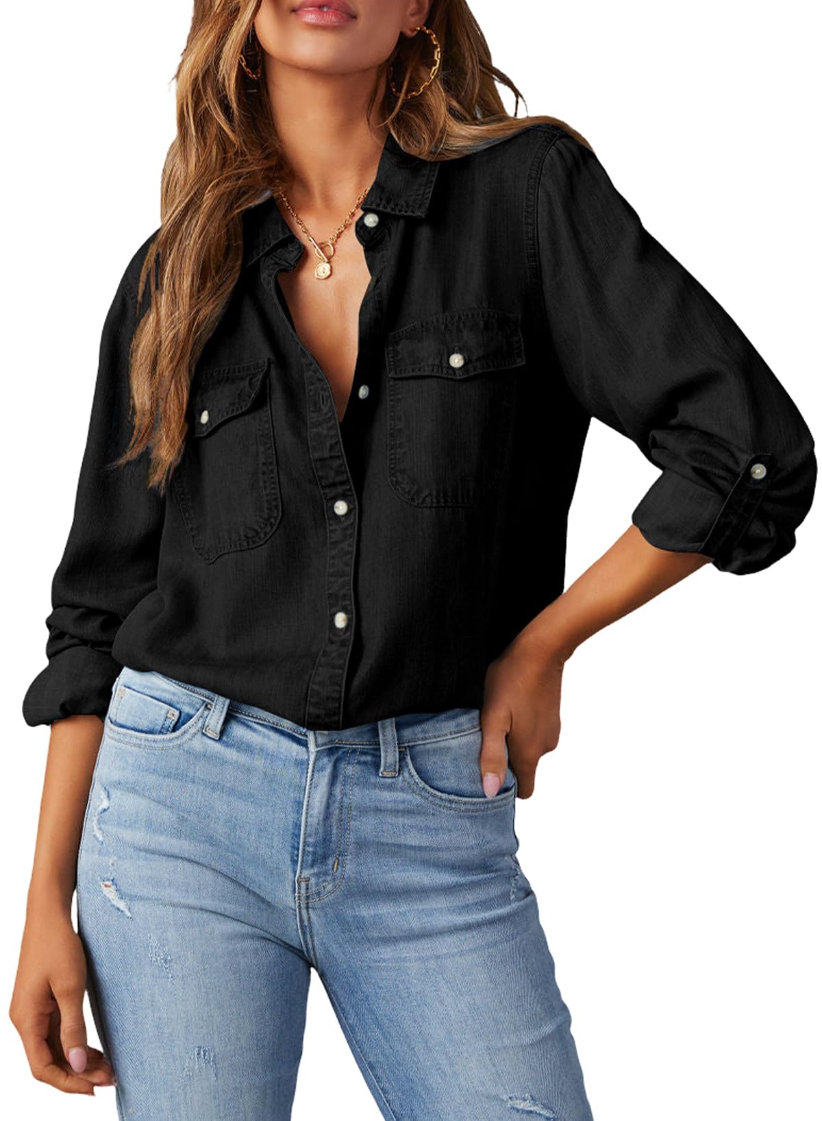 Astylish Women Button Down Denim Shirts Casual Long Sleeve V Neck Chambray Blouse Top