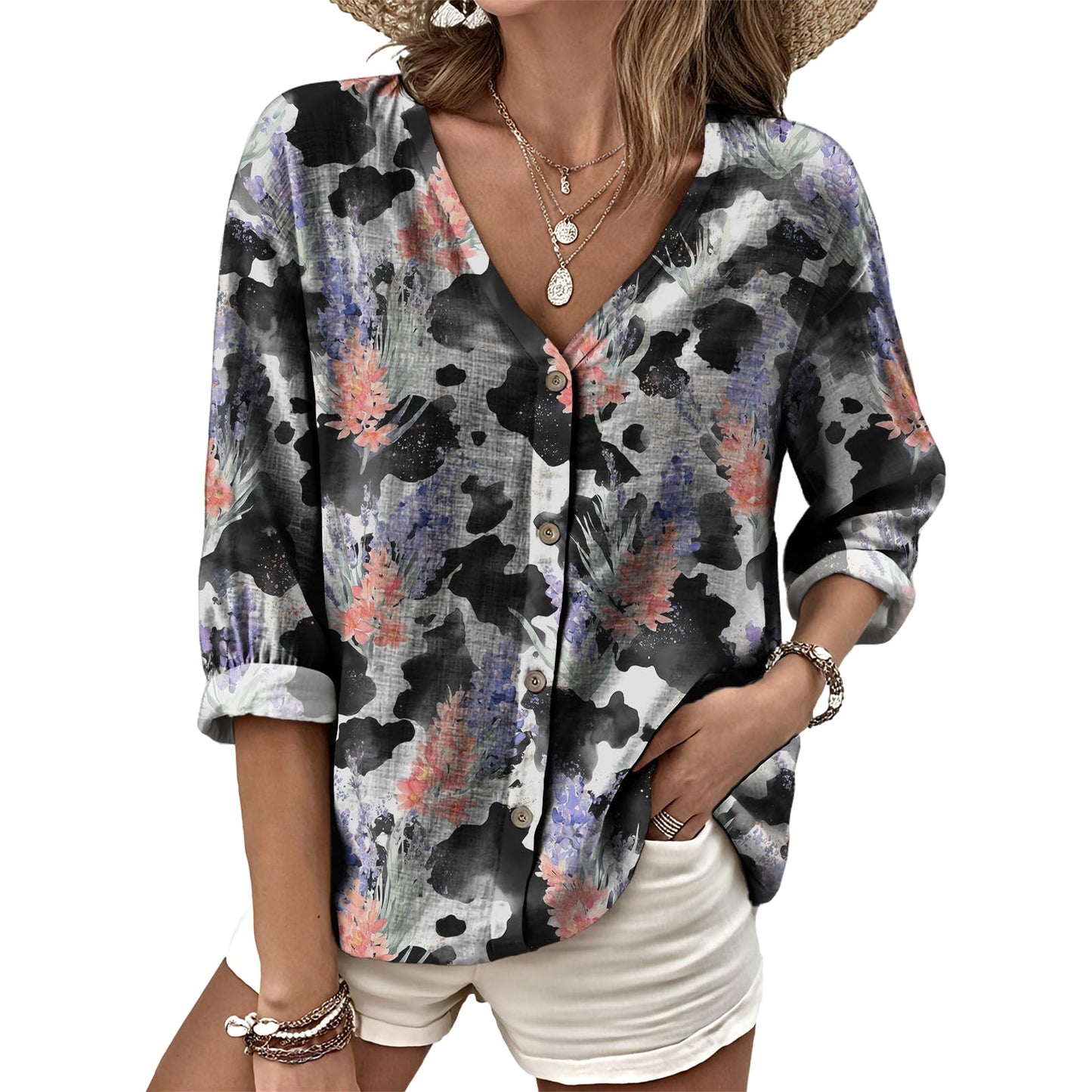 Dress Shirts for Women Business Casual Boho V Neck Beach Vacation Flowy Lounge Outfits Trendy Print Basic Tops