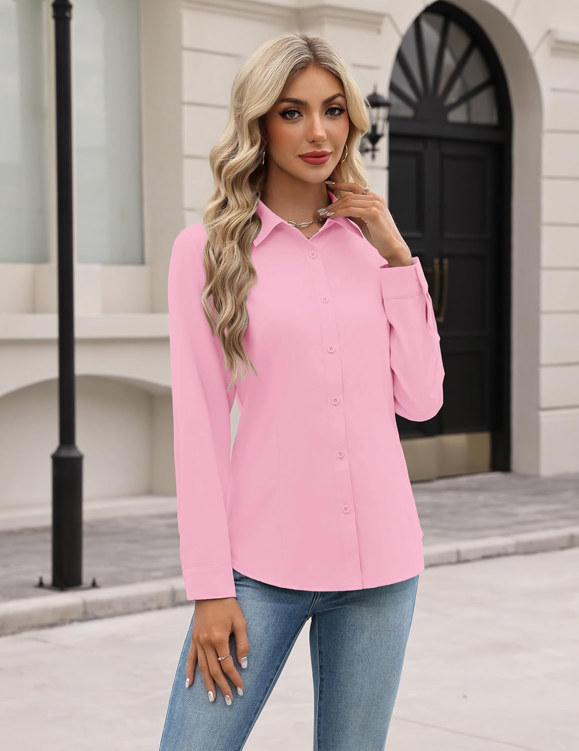 HOTOUCH Women Button Down Shirts Long Sleeve Stain Shield Dress Shirts Slim fit Work Blouses Office Business Tops