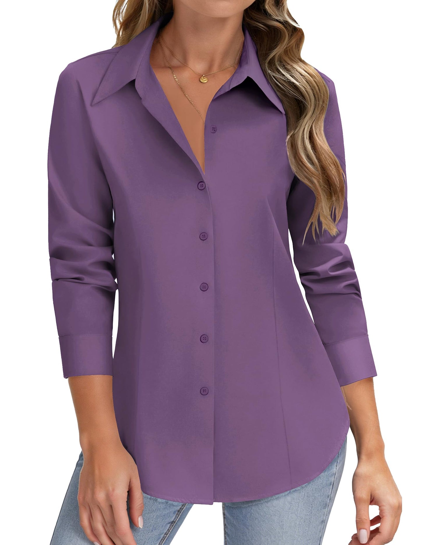 HOTOUCH Women Button Down Shirts Long Sleeve Stain Shield Dress Shirts Slim fit Work Blouses Office Business Tops