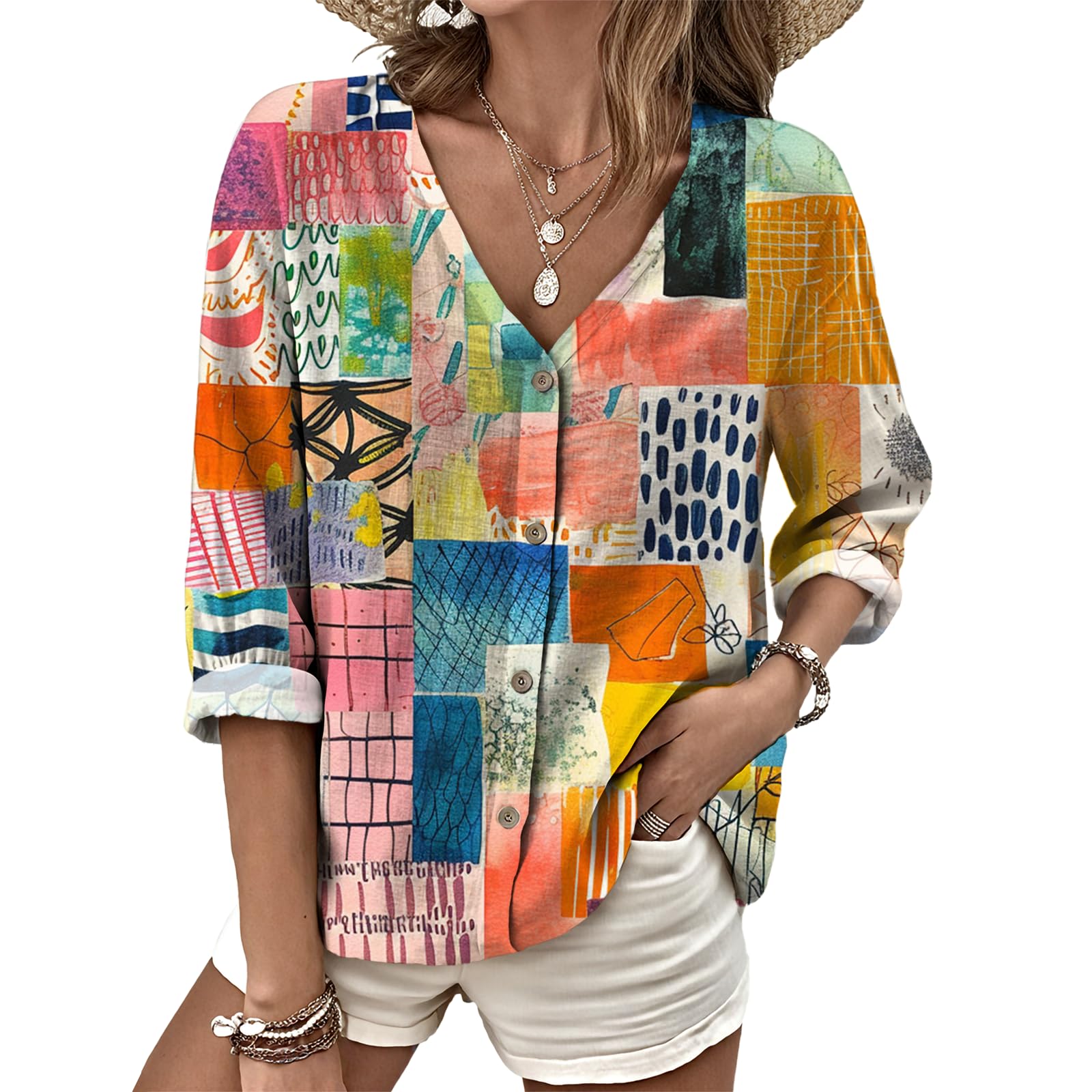 Dress Shirts for Women Business Casual Boho V Neck Beach Vacation Flowy Lounge Outfits Trendy Print Basic Tops