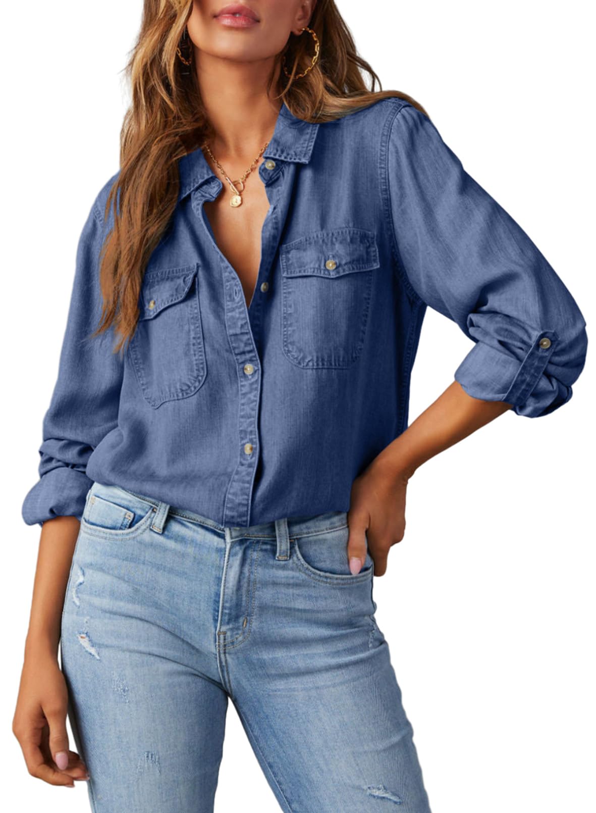 Astylish Women Button Down Denim Shirts Casual Long Sleeve V Neck Chambray Blouse Top