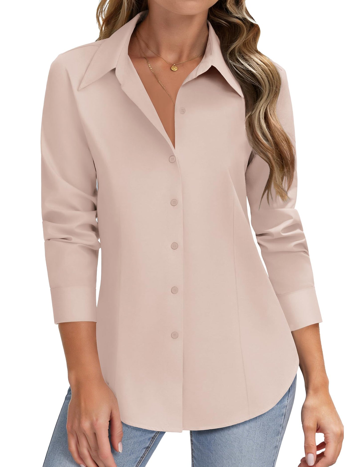 HOTOUCH Women Button Down Shirts Long Sleeve Stain Shield Dress Shirts Slim fit Work Blouses Office Business Tops