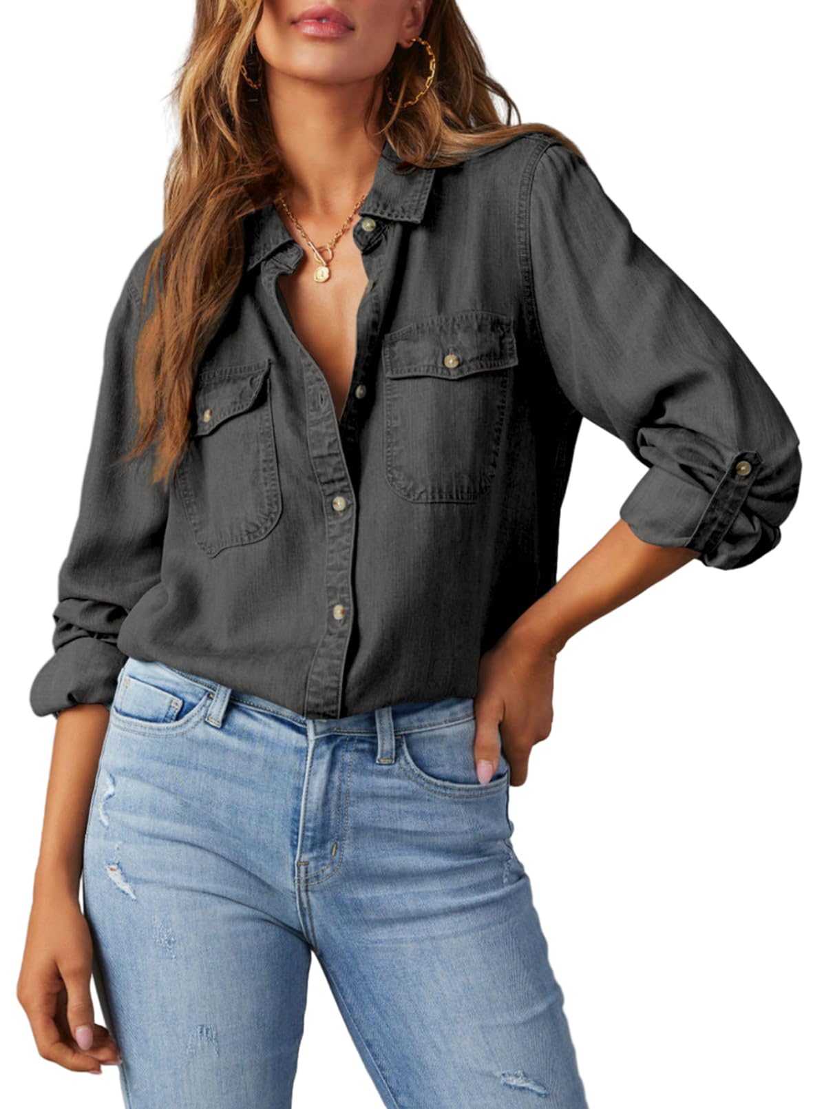 Astylish Women Button Down Denim Shirts Casual Long Sleeve V Neck Chambray Blouse Top