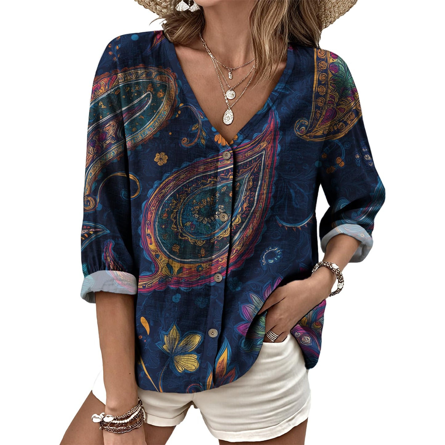 Dress Shirts for Women Business Casual Boho V Neck Beach Vacation Flowy Lounge Outfits Trendy Print Basic Tops