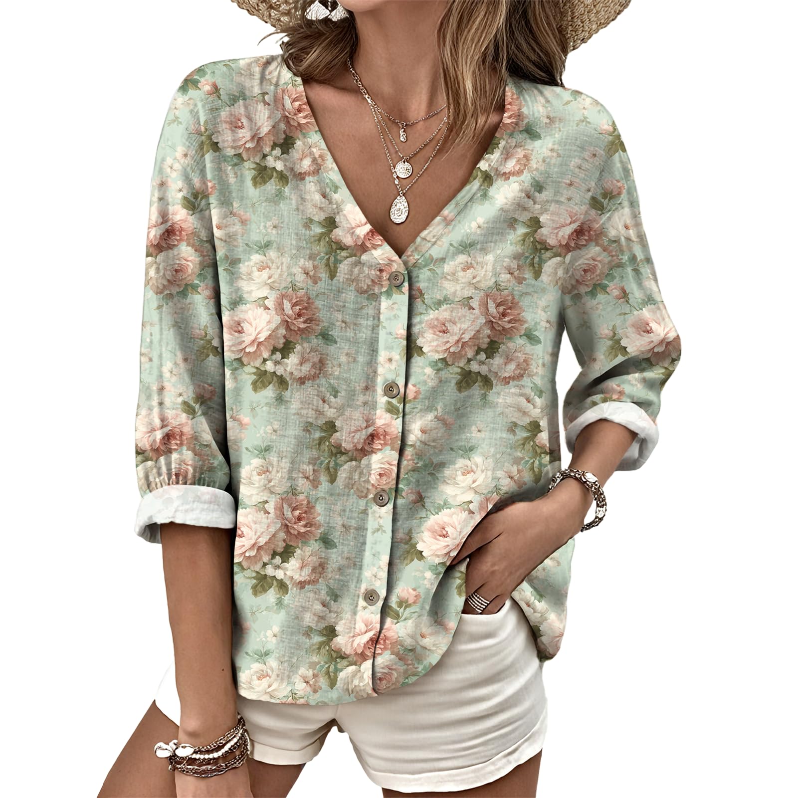Dress Shirts for Women Business Casual Boho V Neck Beach Vacation Flowy Lounge Outfits Trendy Print Basic Tops