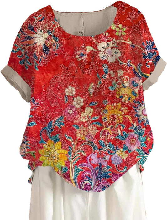 HOTYD Womens Short Sleeve Boho Tops Plus Size Casual Crew Neck Vintage Floral Print Graphic Tees Ladies Summer Tops