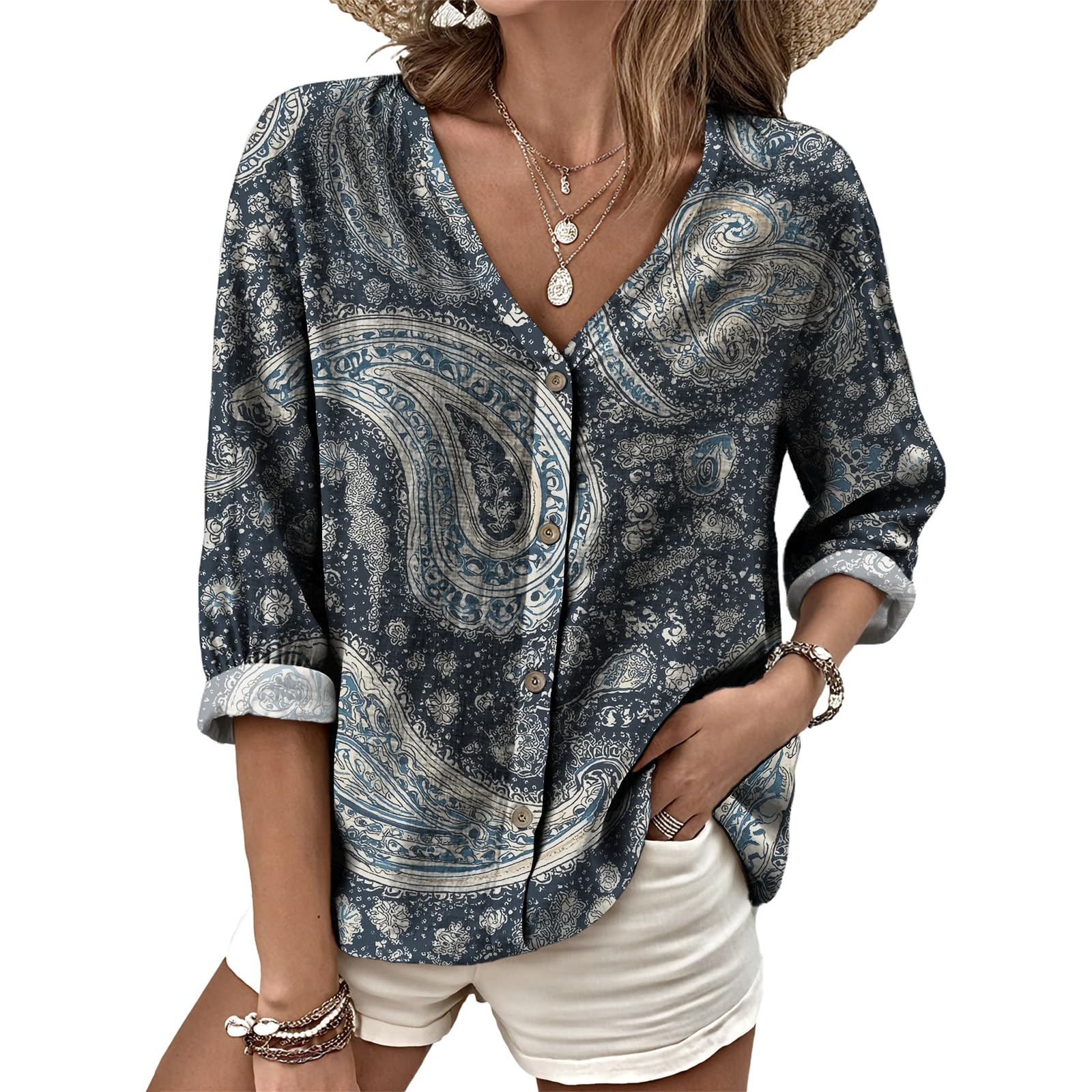 Dress Shirts for Women Business Casual Boho V Neck Beach Vacation Flowy Lounge Outfits Trendy Print Basic Tops