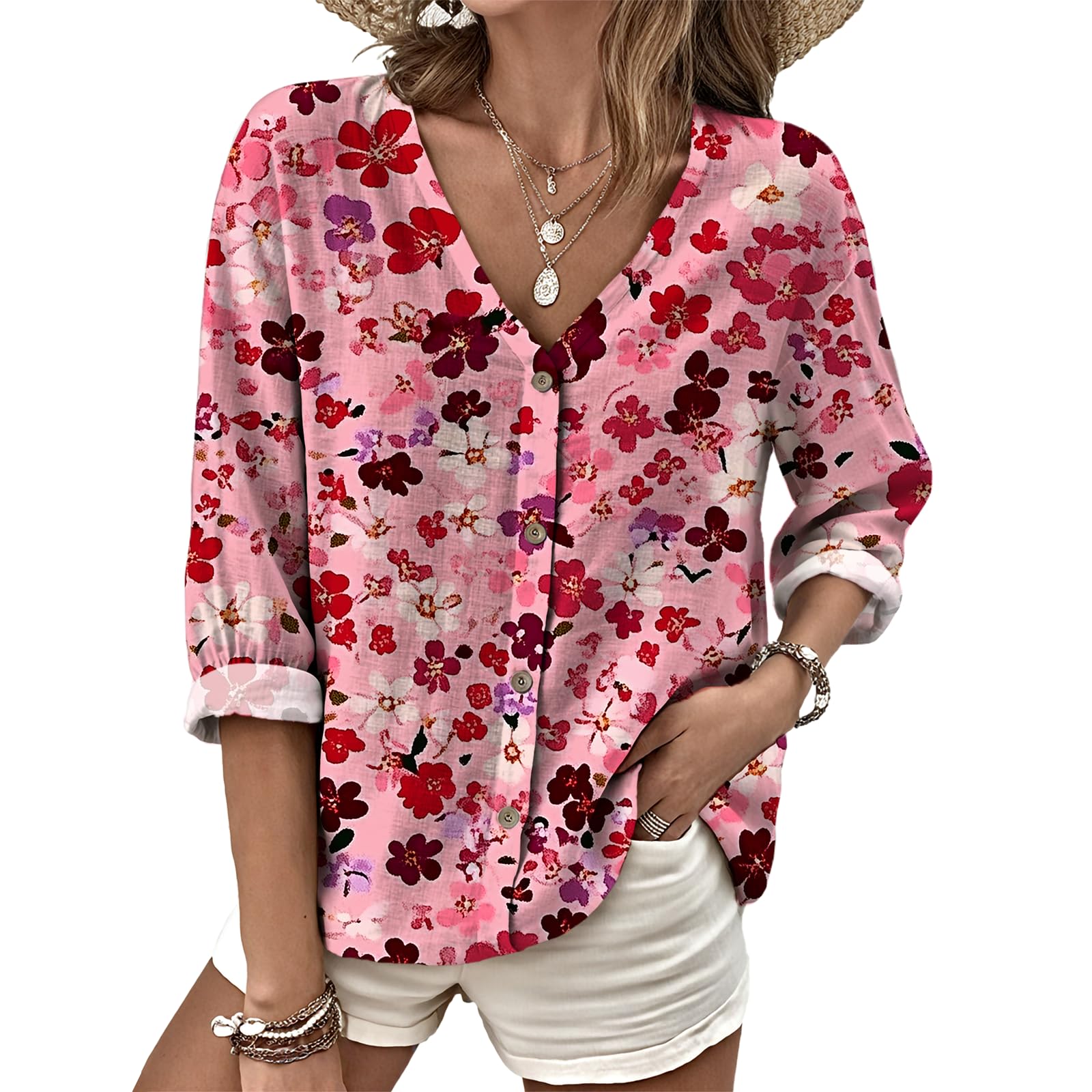 Dress Shirts for Women Business Casual Boho V Neck Beach Vacation Flowy Lounge Outfits Trendy Print Basic Tops