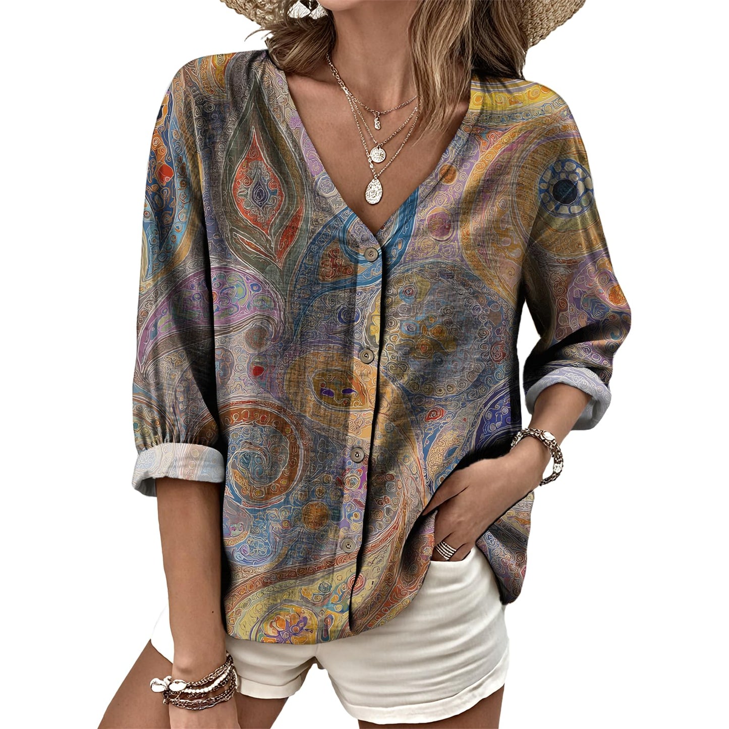 Dress Shirts for Women Business Casual Boho V Neck Beach Vacation Flowy Lounge Outfits Trendy Print Basic Tops