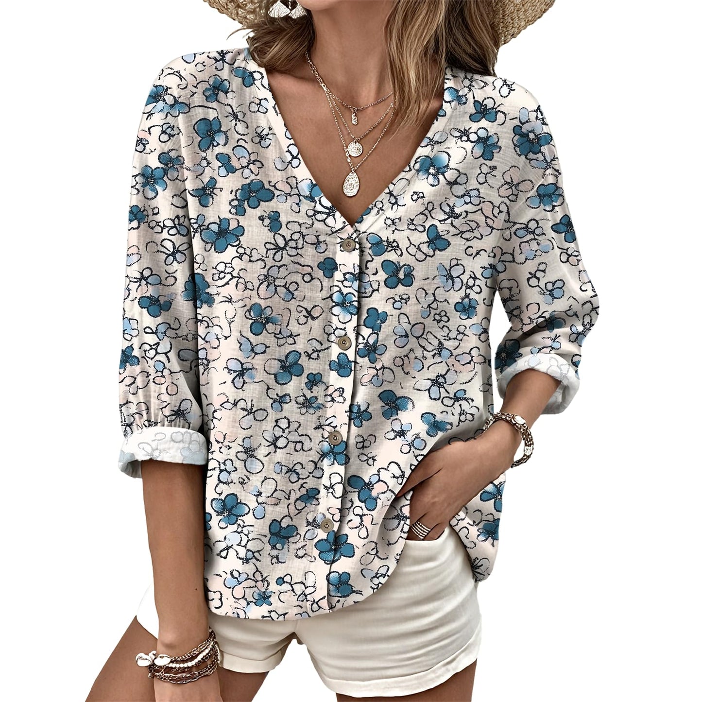 Dress Shirts for Women Business Casual Boho V Neck Beach Vacation Flowy Lounge Outfits Trendy Print Basic Tops